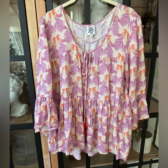 Anthropologie babydoll blouse Novelty Rooster print Ivy Jane ruffles bell sleeve - Picture 1 of 8